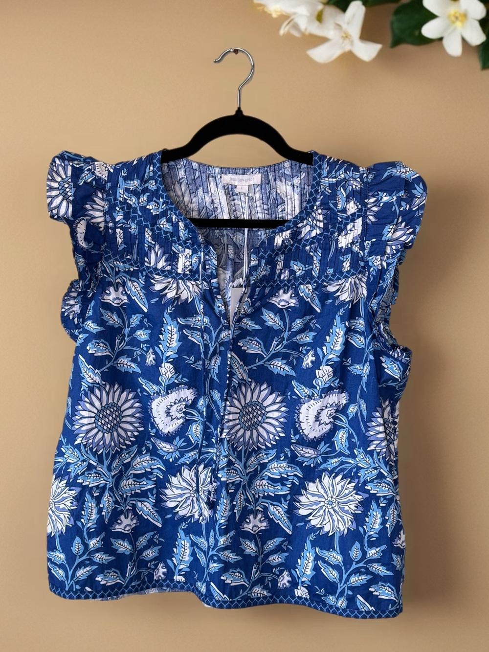 Jennifer & Grace Blue Floral Cotton Flutter Sleeve Top Size L NWT